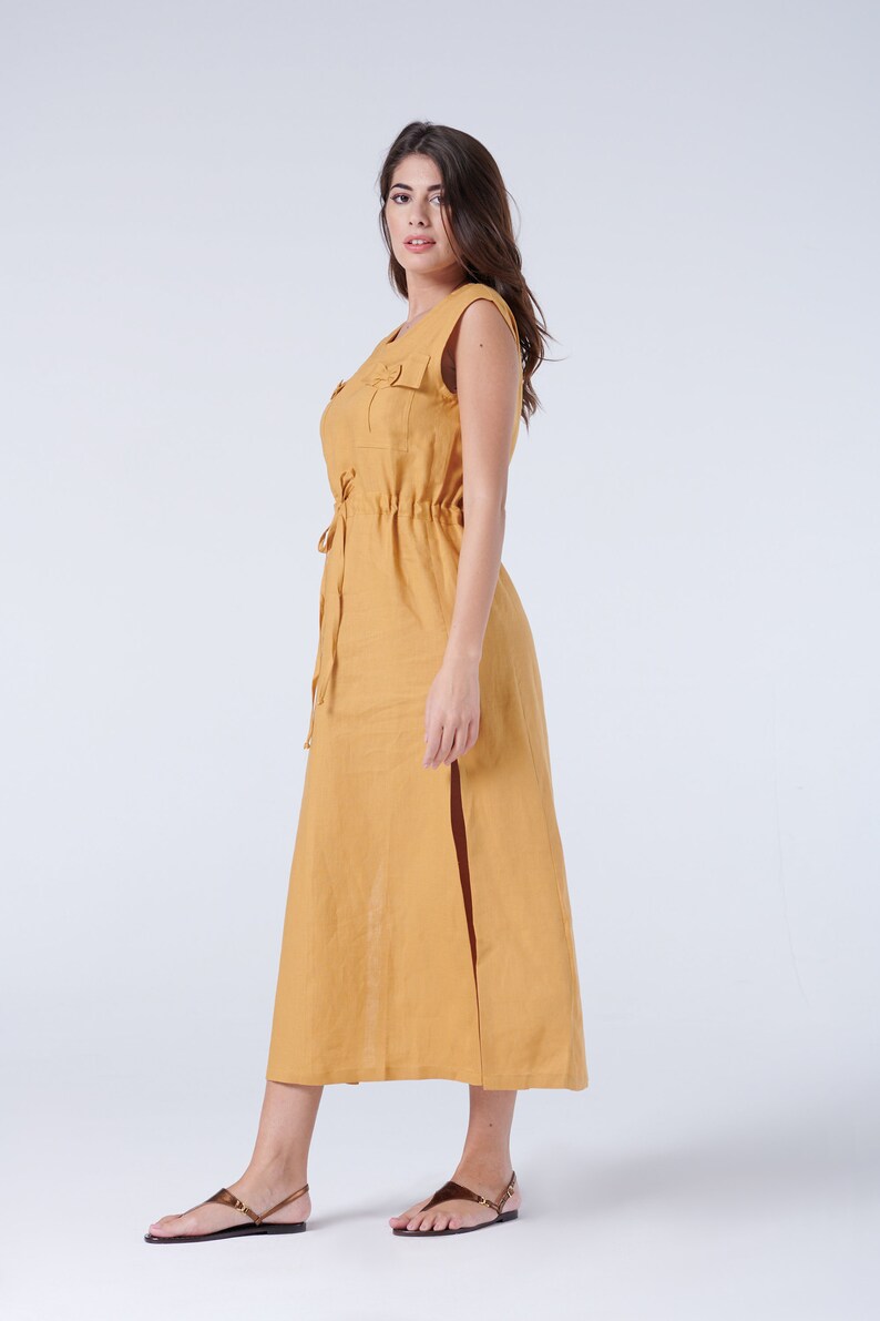 Maxi Linen Dress Mustard Yellow Linen Dress Peasant Etsy