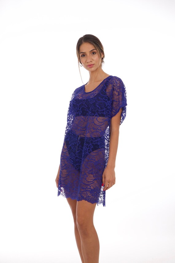 Blue Lace Tunic Dress Swimsuit Coverup 