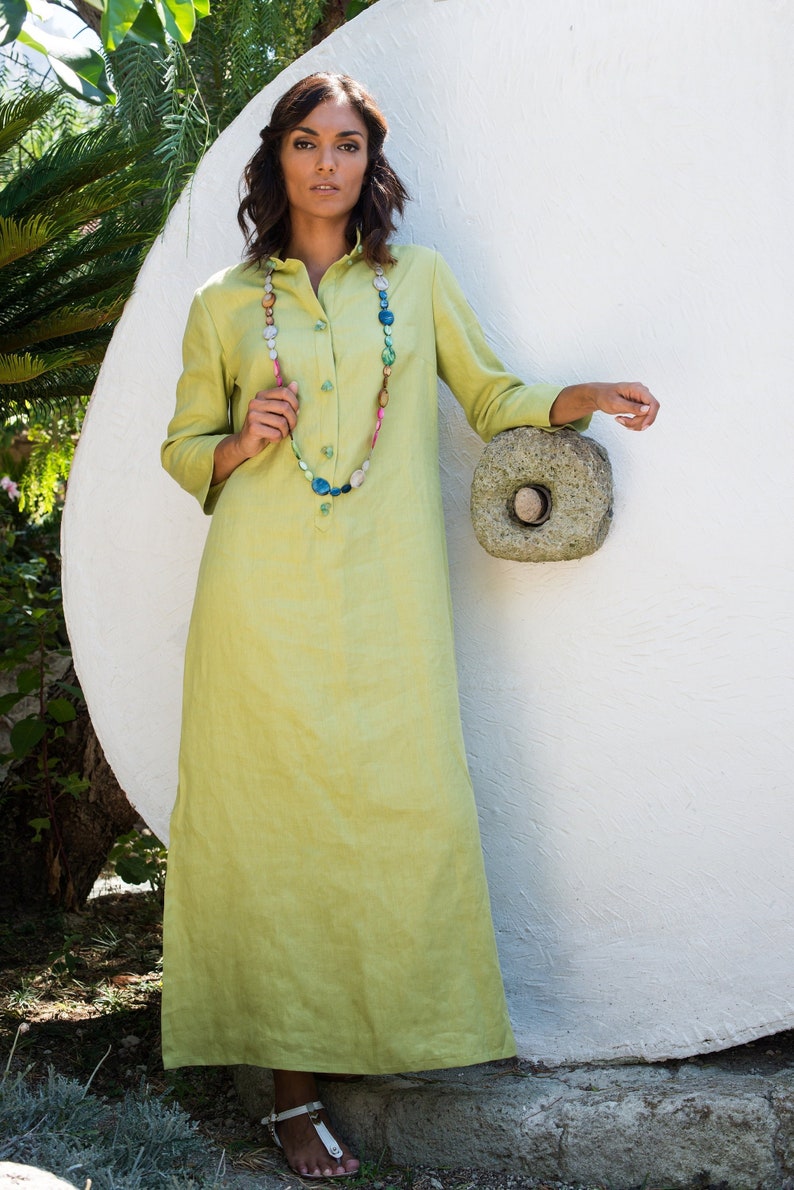 linen kaftan dress with button front made of small colored stones to make it unique Made in Italy
