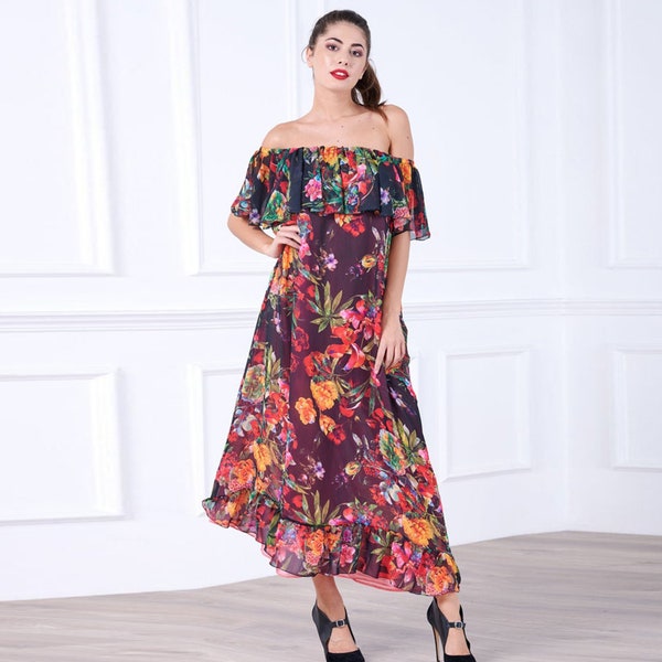 Robe d'invité de mariage, robe à épaules dénudées, robe de cocktail florale, robe maxi femme, robe grande taille, robe à volants, robe longue gitane, Boho