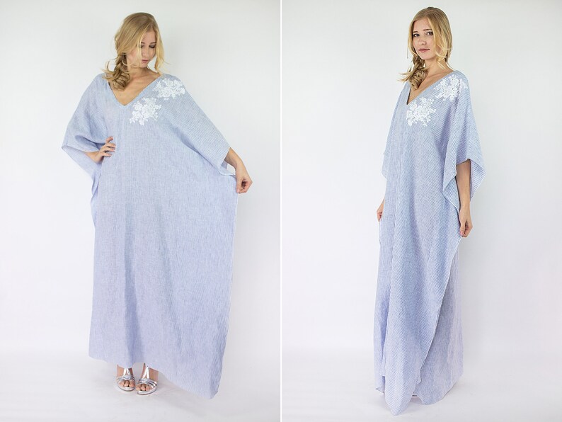 Linen Kaftan Dress Italian Linen Dress Lace Embroidered Kaftan Blue Striped Kaftan Maxi Caftan Linen Loungewear Plus Size Clothing