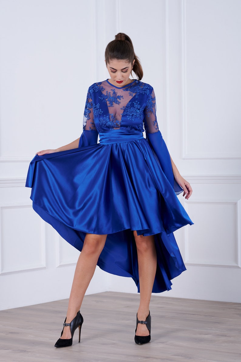 Blue Flare Dress Lace Midi Dress Asymmetrical Dress | Etsy