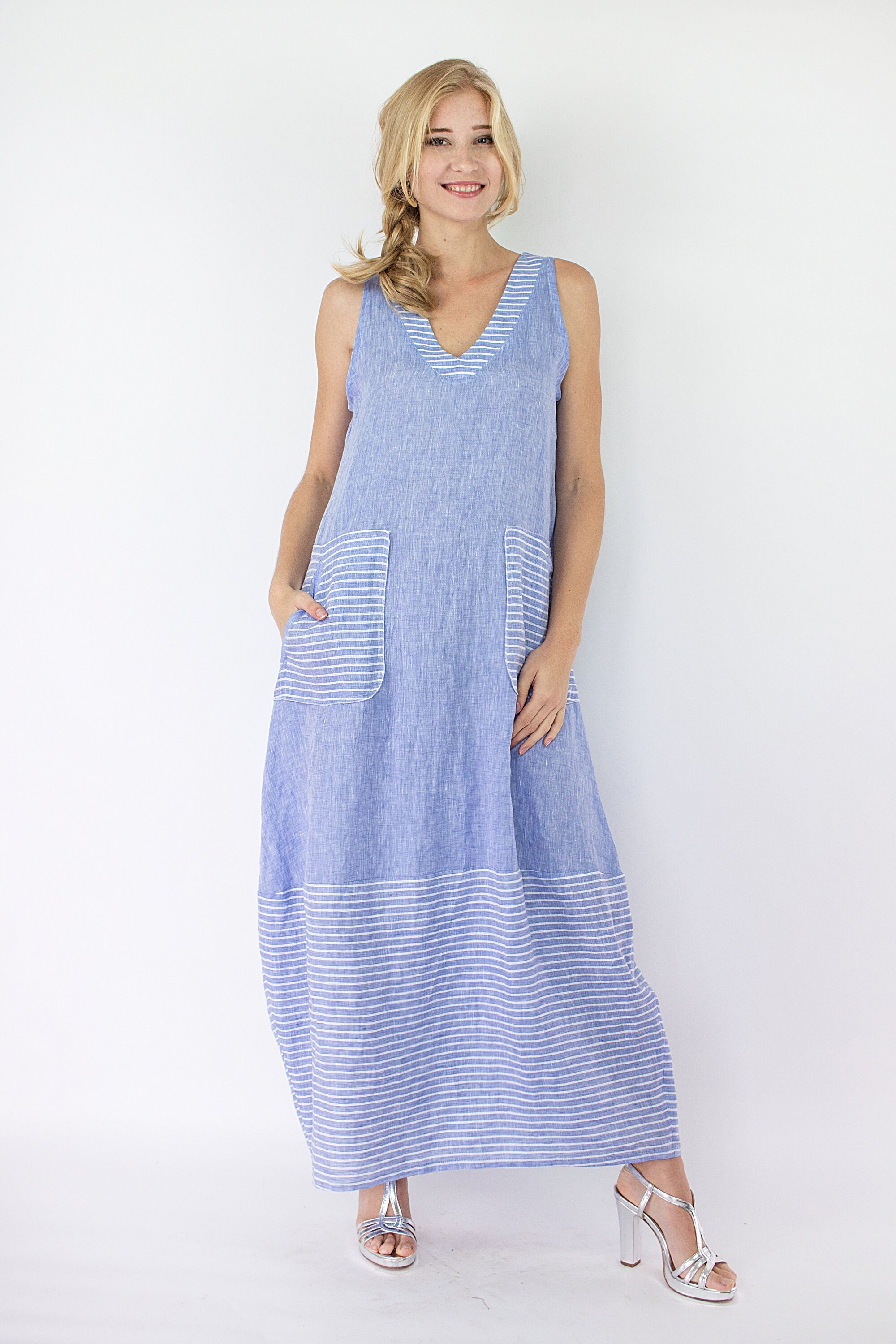 Blue Summer Linen Dress Maxi Linen Tunic Women Loungewear - Etsy