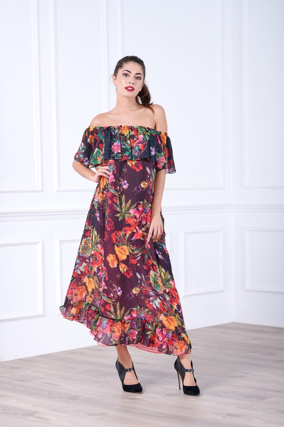 off shoulder maxi dress for wedding guest
