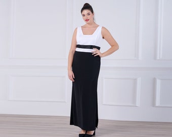 Plus Size Maxi Dress, Elegant Plus Size Dress, Size XL - 8X,  Curvy Women Dress, Wedding Guest Dress, Evening Dress, Black White Dress