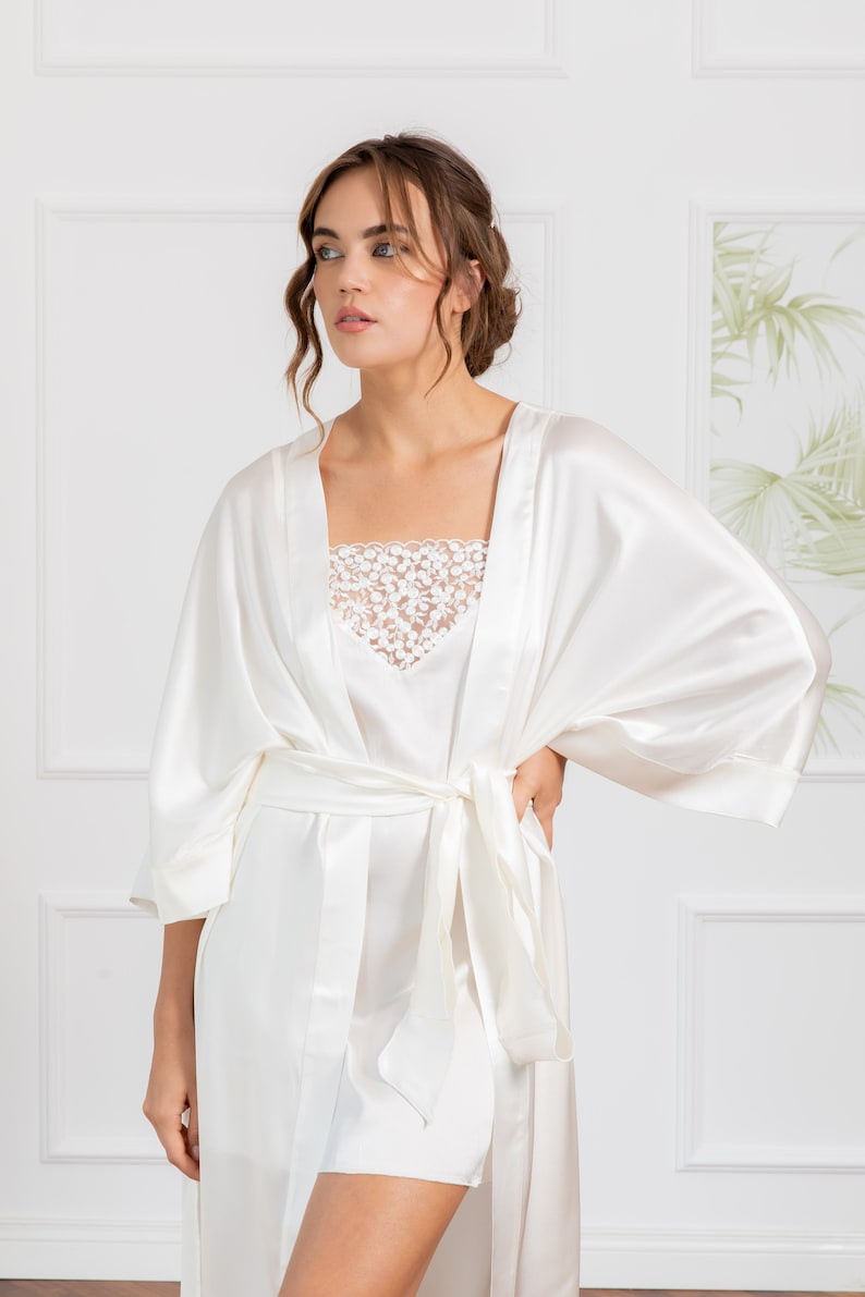 Silk Bridal Robe, Silk Dressing Gown, Kimono Robe, Midi Wedding Day Robe, White Robe For Bride, Women Loungewear, Plus Size Kimono Robe image 5