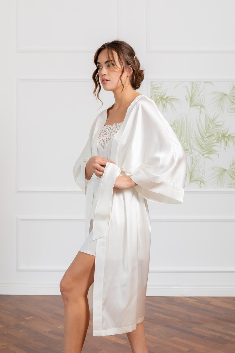 Silk Bridal Robe, Silk Dressing Gown, Kimono Robe, Midi Wedding Day Robe, White Robe For Bride, Women Loungewear, Plus Size Kimono Robe image 3