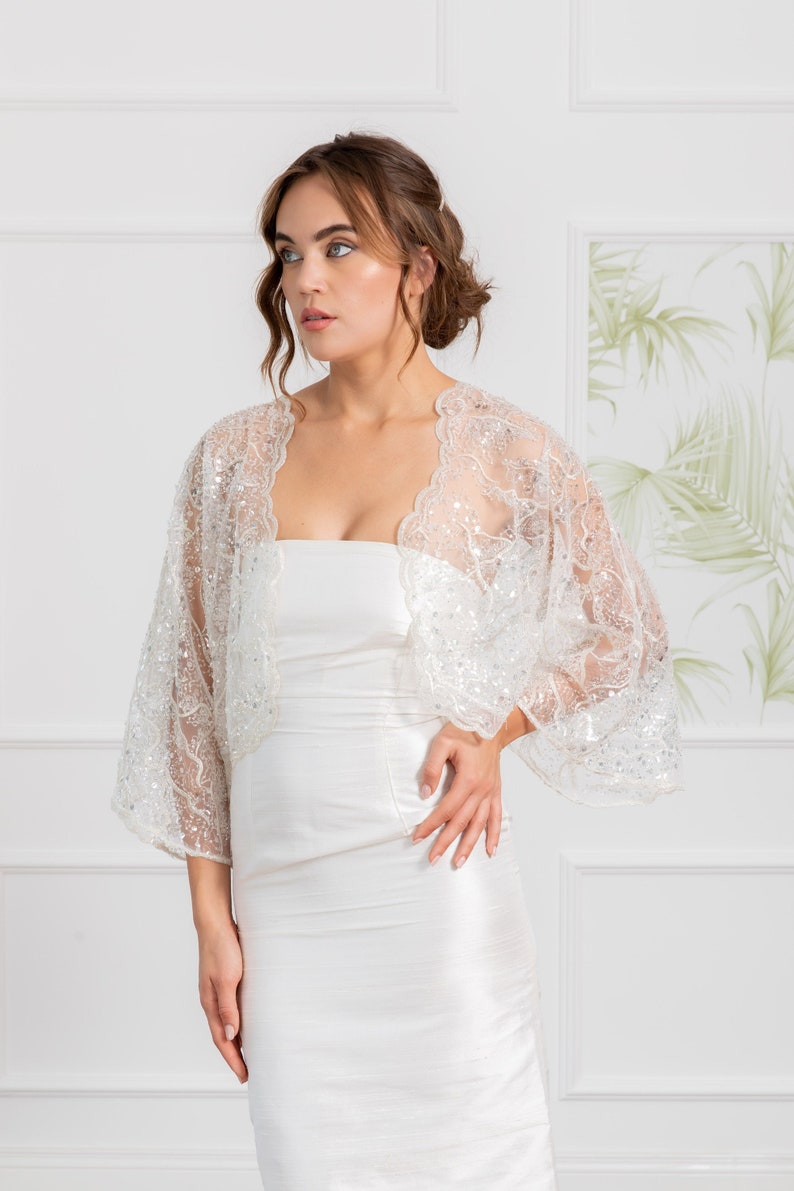 White Bridal Bolero, Shrugs & Boleros, See Through Bridal Jacket, Embellished Bolero, Bridal Separates, Summer Boho Wedding, Bridal Overlay image 1