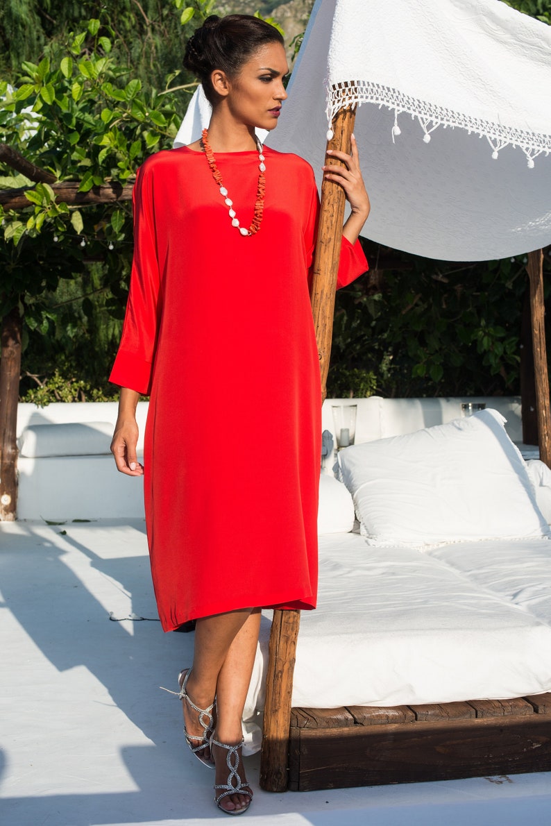 Italian silk kaftan midi dress in red color, available in plus size.