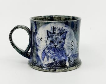 35 - RIOT Cat Mug, Cat Cup, Queen Marsh, Handmade Pottery, Wheel Thrown, Graffiti Inspired, Handmade Ceramics