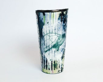 64 - Turtle Tumbler , TMNT Cup, Ceramic Cup, Ceramic Tumbler, Underglaze Transfer,  Graffiti, Handmade Ceramics Art
