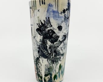 30 Cow Tumbler, Cow Art,  Cup, Ceramic Cup, Ceramic Tumbler, Underglaze Transfer,  Graffiti, Handmade Ceramics Art
