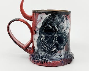 41- RIOT Skull Mug, Stencil Art, Banksy, Calaveras, Skull art, Handmade Pottery, Wheel Thrown, Graffi ti Inspired, Handmade Ceramics