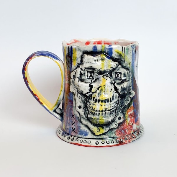 25 - RIOT Skull Mug, Calaveras, Skull art, Handmade Pottery, Wheel Thrown, Graffiti Inspired, Handmade Ceramics