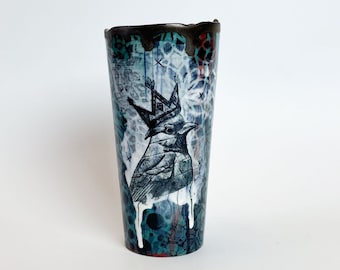 3 - Cardinal Tumbler   Imagery Art, Ceramic Cup, Ceramic Tumbler, Underglaze Transfer,  Graffiti, Handmade Ceramics Art