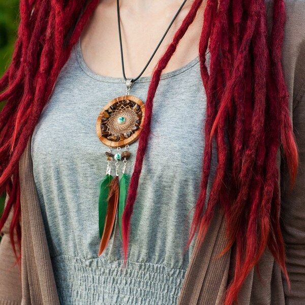 Small brown dream catcher pendant/ green dreamcatcher necklace/  bohemian pendant/ dreamcatcher jewelry/ boho accessory small gift for her