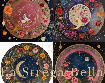 Four beautiful illustrated and painted moon and botanical poster / Digital Posters