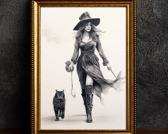 Witch walking her cat  - Hand Drawing Style Poster - Wall Art - Digital Download