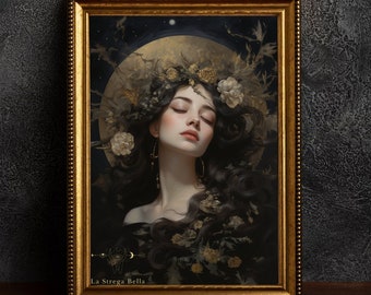 Vintage Enchanting Celestial Moon, Oil painting style, dark academia and dark cottagecore - Wall Art - Digital Download