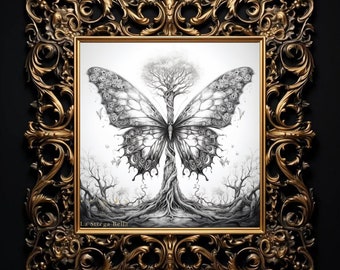 Butterfly in Tree - Hand Drawing Style Poster - Wall Art - Digital Download