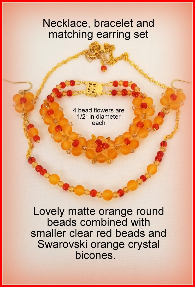 Bracelet and Earring Set Matte Orange and Red Crackle Beaded Necklace