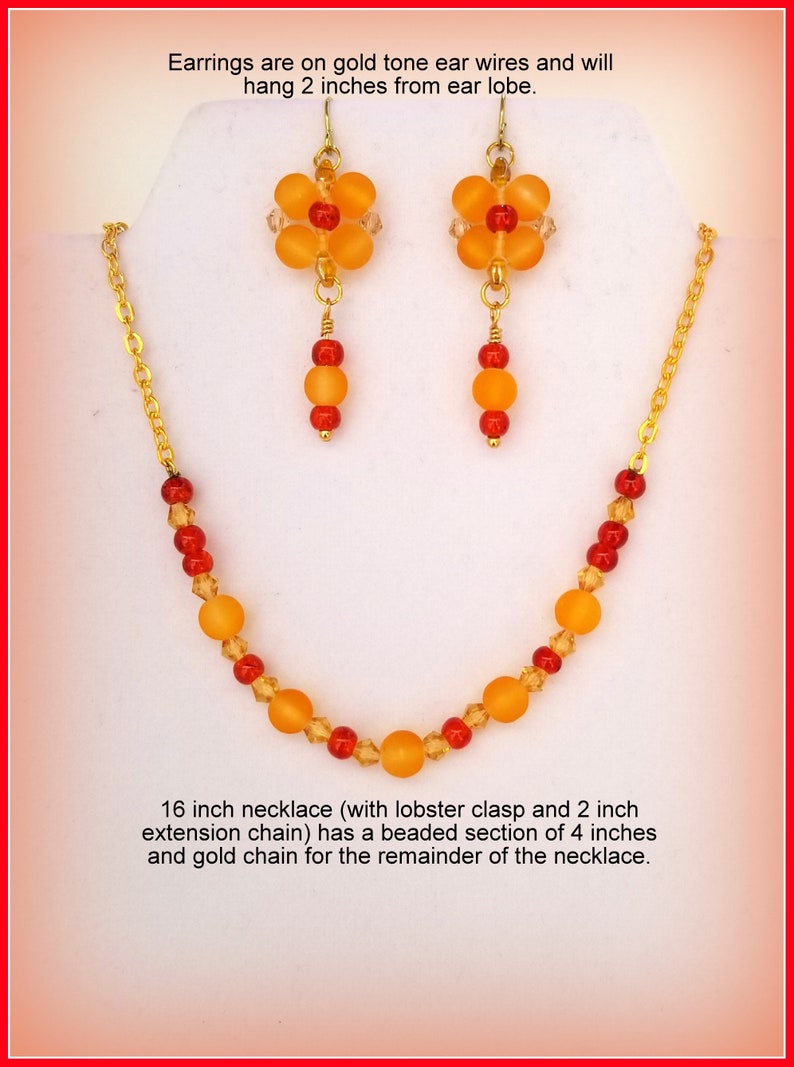 Bracelet and Earring Set Matte Orange and Red Crackle Beaded Necklace