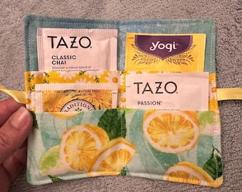 Fabric Tea Bag Wallet Holds 4 individual teas / lemons novelty patterns cotton quilted handmade