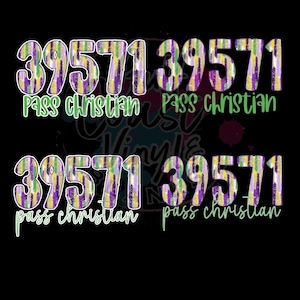 May include: Two rows of purple, green and gold numbers with the text "pass christian" below each row.