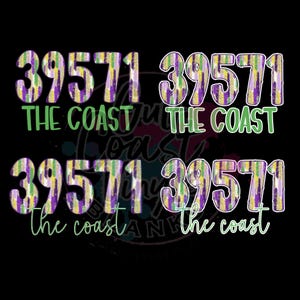 May include: Purple, green, and gold patterned numbers 39571 with the text "THE COAST" in green below the numbers. The numbers and text are repeated twice, once in a larger size and once in a smaller size.