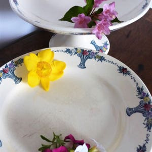 May include: Two vintage ceramic plates with blue and white floral designs. The top plate is a pedestal cake stand with a yellow flower and pink flowers on top. The bottom plate has a yellow flower and purple flowers on top.
