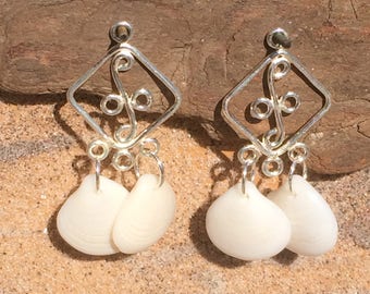 Beautiful And Unique Pair Of Miniature Clam Shell White Earrings.