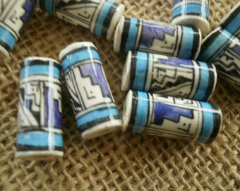 Set of 8 ceramic tube beads with ethnic patterns, colors white, black, turquoise and purple blue, size 2/0.9