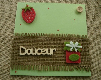 Carte faite main verte , message "douceur"  thème confiture  + enveloppe assortie