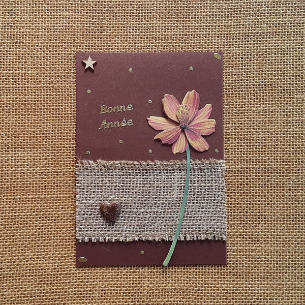 Carte  "bonne année" rectangulaire double , coloris marron  , décors fleurs  + enveloppe