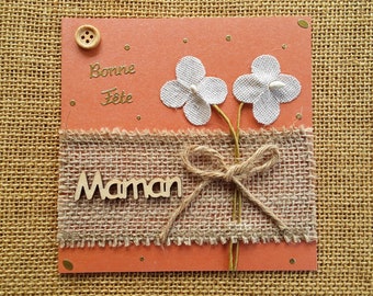 Carte carrée double  "bonne fête maman" , coloris orange  , décors fleurs + enveloppe assortie