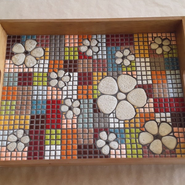 Wooden tray, decorated with an enamelled ceramic mosaic, size 40 x 30 x 5.5 cm