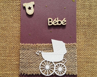 Carte rectangulaire double  pour une naissance , coloris prune + enveloppe assortie