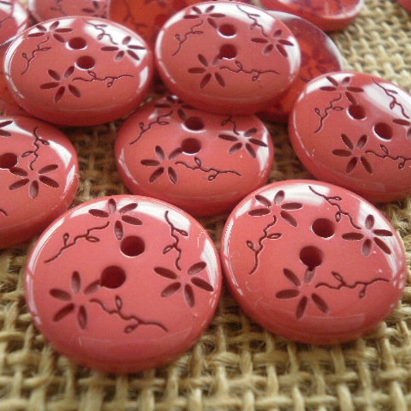 Lot de 4 boutons  ronds en plastique, couleur  rouge , motifs fleurs , diamètre 23 mm