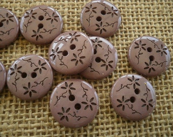 Set of 3 round plastic buttons, light brown color, flower patterns, diameter 18 mm