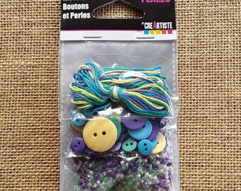 Kit bijoux fils , boutons et perles en fils coton , boutons plastique et perles en verre