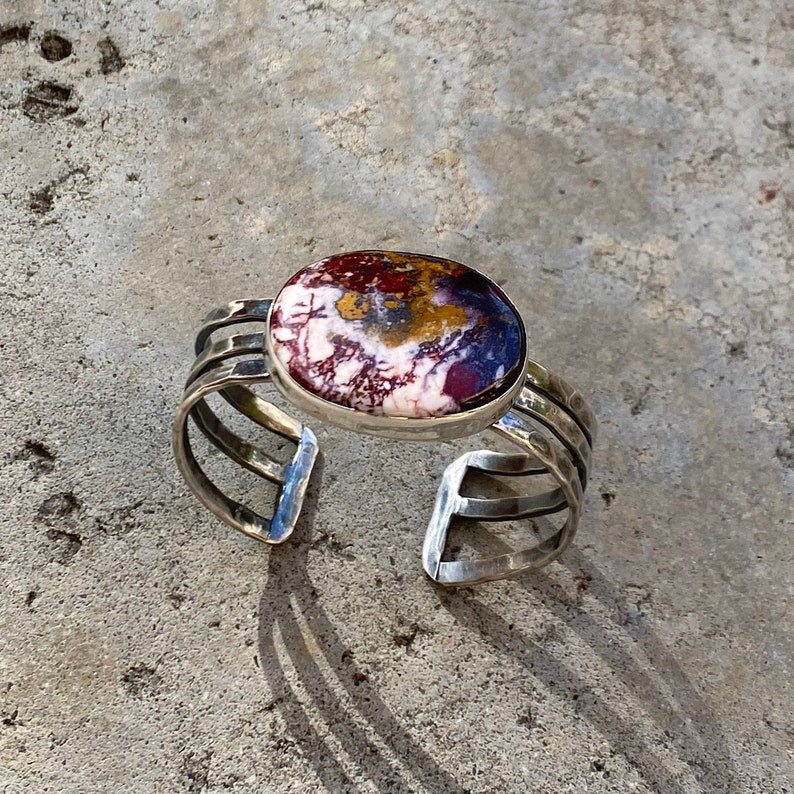 Colorful Jasper Blanket Opal Cuff Bracelet Handcrafted Natural Gemstone Large Statement Sterling Silver Cuff