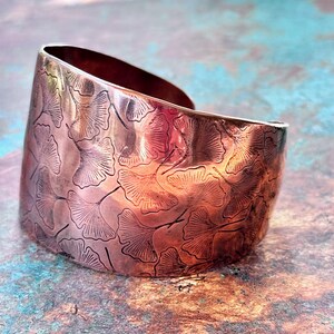 Gingko Leaf Copper Cuff Bracelet, Embossed Design, Oxidized, Polished to High Shine, Healing Powers, Gift for Her, Artisan Handmade