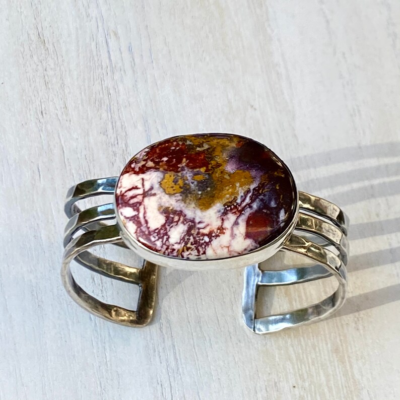 Colorful Jasper Blanket Opal Cuff Bracelet Handcrafted Natural Gemstone Large Statement Sterling Silver Cuff
