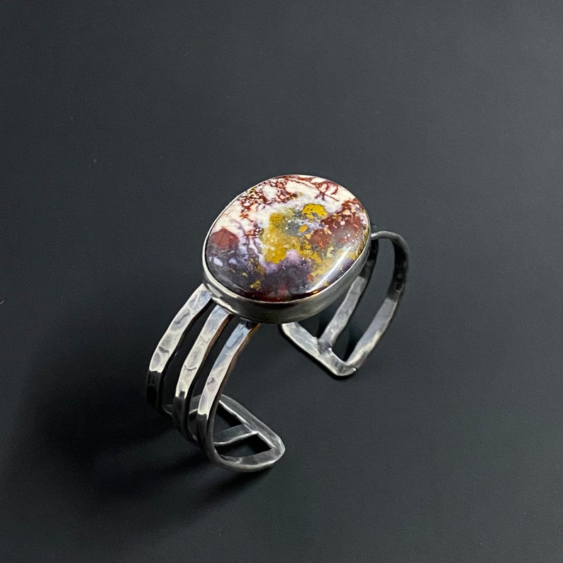 Colorful Jasper Blanket Opal Cuff Bracelet Handcrafted Natural Gemstone Large Statement Sterling Silver Cuff