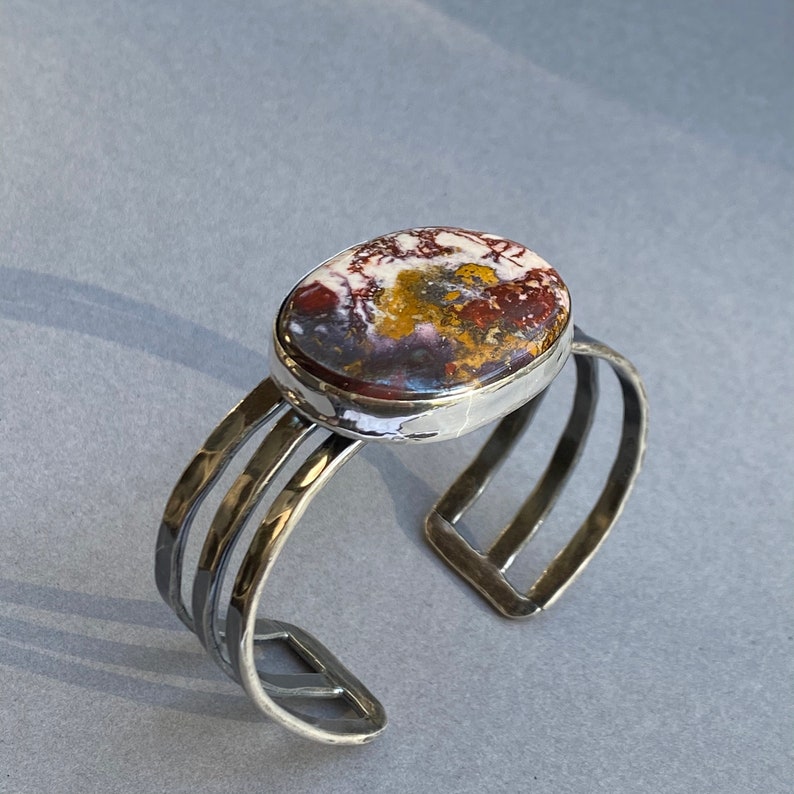 Colorful Jasper Blanket Opal Cuff Bracelet Handcrafted Natural Gemstone Large Statement Sterling Silver Cuff