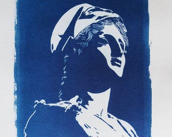 Portrait of the goddess Athena, blue cyanotype