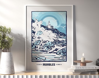Mumbles Lighthouse Swansea Welsh Blue Art Print Poster Home Wall Decor Gower Peninsula Illustration Drawing A3 A4 A5