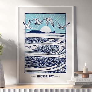 Rhossili Bay, Worm's Head, Halbinsel Gower, Strand, Meereswellen, Kunst Poster Druck, A3/A4/A5