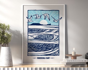 Rhossili Bay, Worm&#39;s Head, Gower Peninsula, Beach, Ocean Waves, Art Poster Print, A3 / A4 / A5