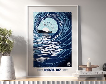 Rhossili Bay Tube Wave Barrel Worm&#39;s Head Blue Sea Gower Peninsula Swansea Surf Art Print Poster Home Decor Illustration Drawing A3 A4 A5
